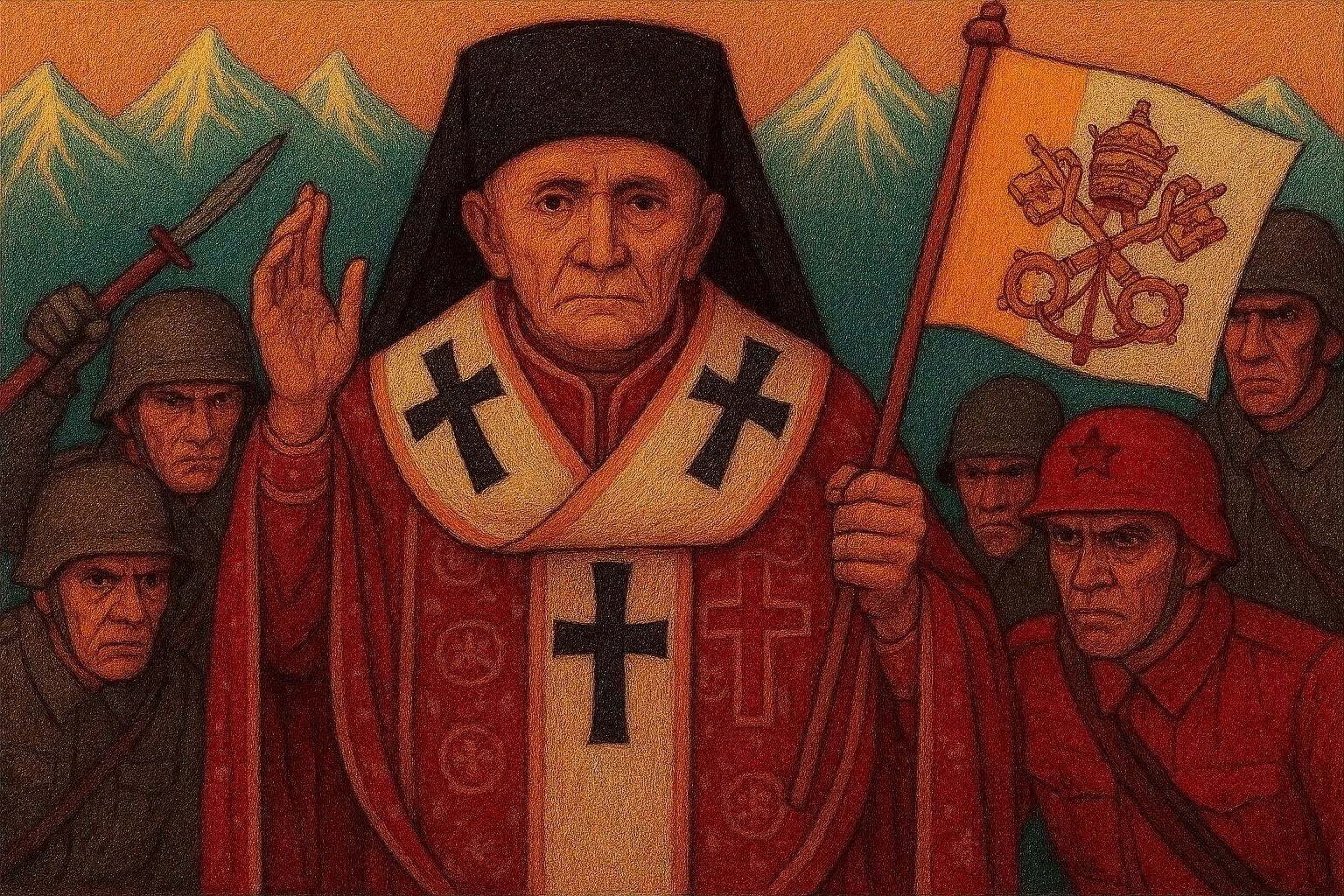 A folk-art painting of an elderly Eastern Catholic bishop in a black klobuk and red-and-gold vestments, raising his hand in blessing and holding the papal flag, standing firm between grey-helmeted Nazi soldiers on one side and red-star Soviet soldiers on the other, the Carpathian mountains behind.