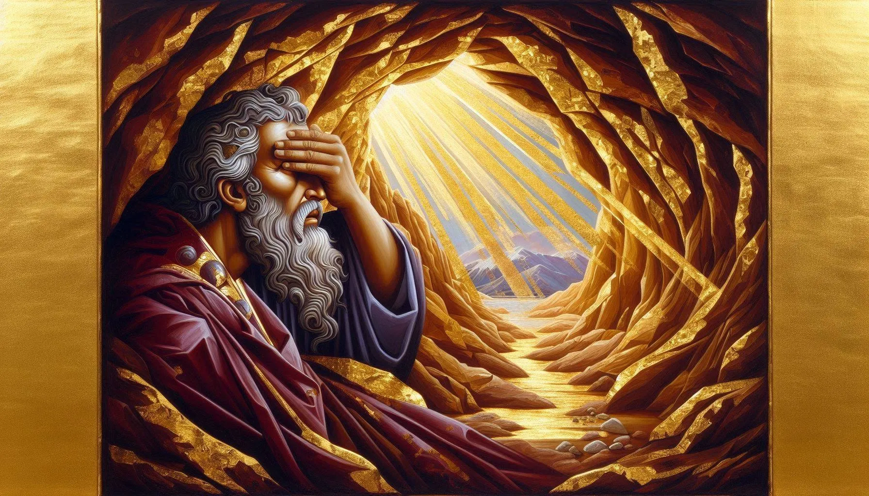 An icon-style painting of Moses hidden in the cleft of a rock, shielding his eyes as the golden glory of God streams past him through the opening, snow-capped mountains visible in the distance.